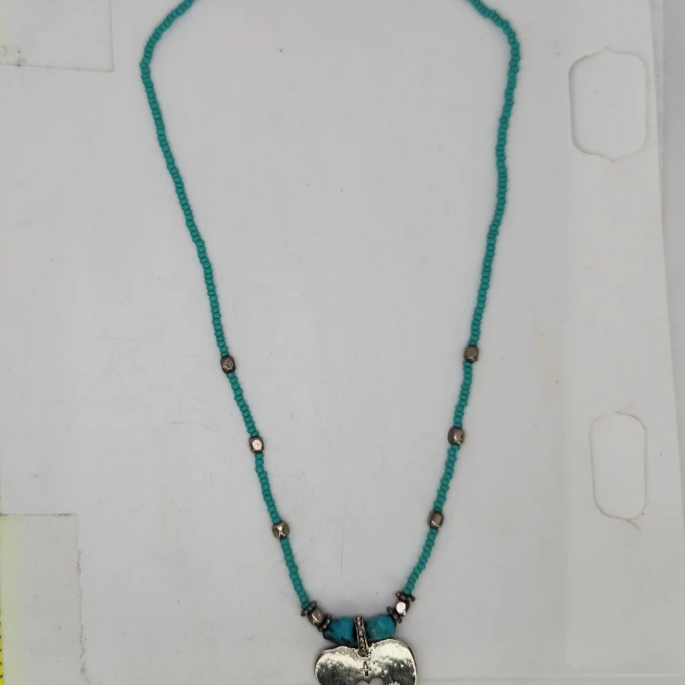 Vintage C Stein Heart W Stamped Cross Pendant Turquoise Bead Necklace Southwest - Picture 6 of 6